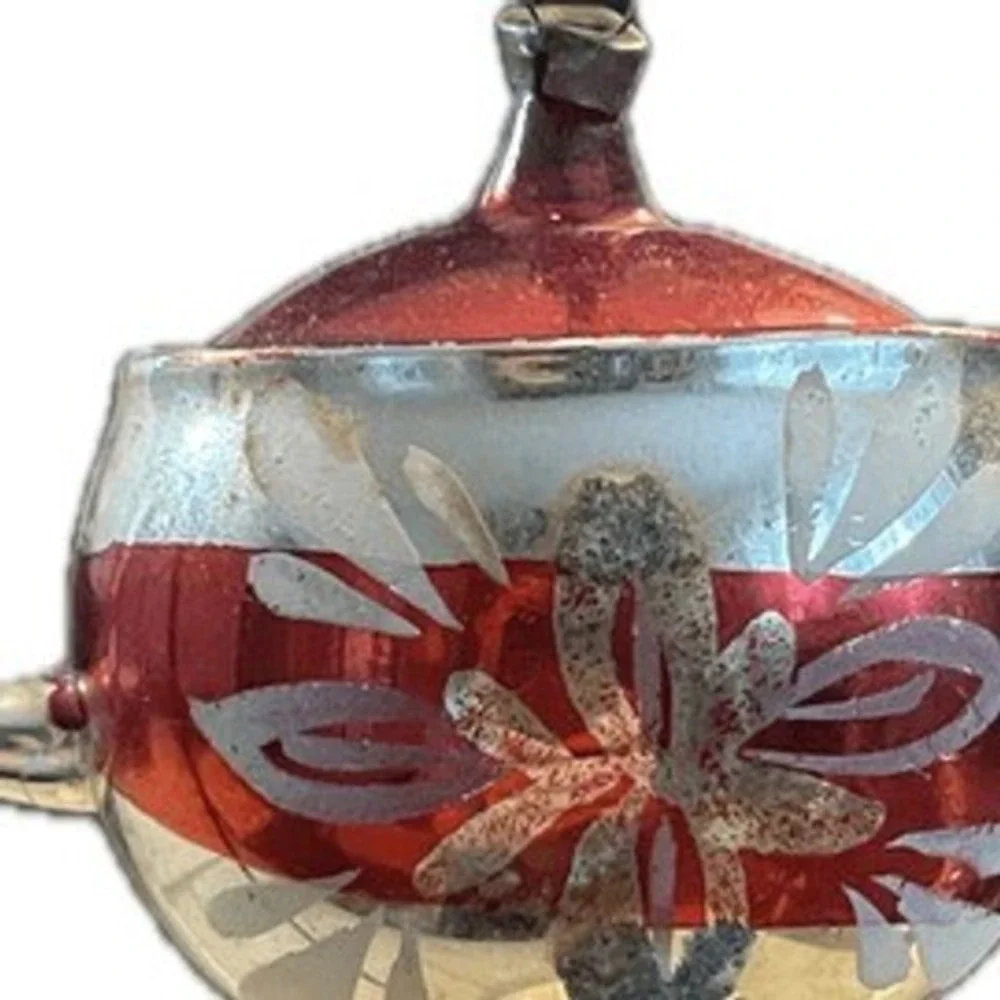 Vintage Mercury‎ Glass Teapot Christmas Ornament Red Silver Floral Hand Painted
